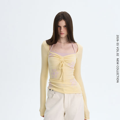 Ruched Tie-Front Long-Sleeve Top