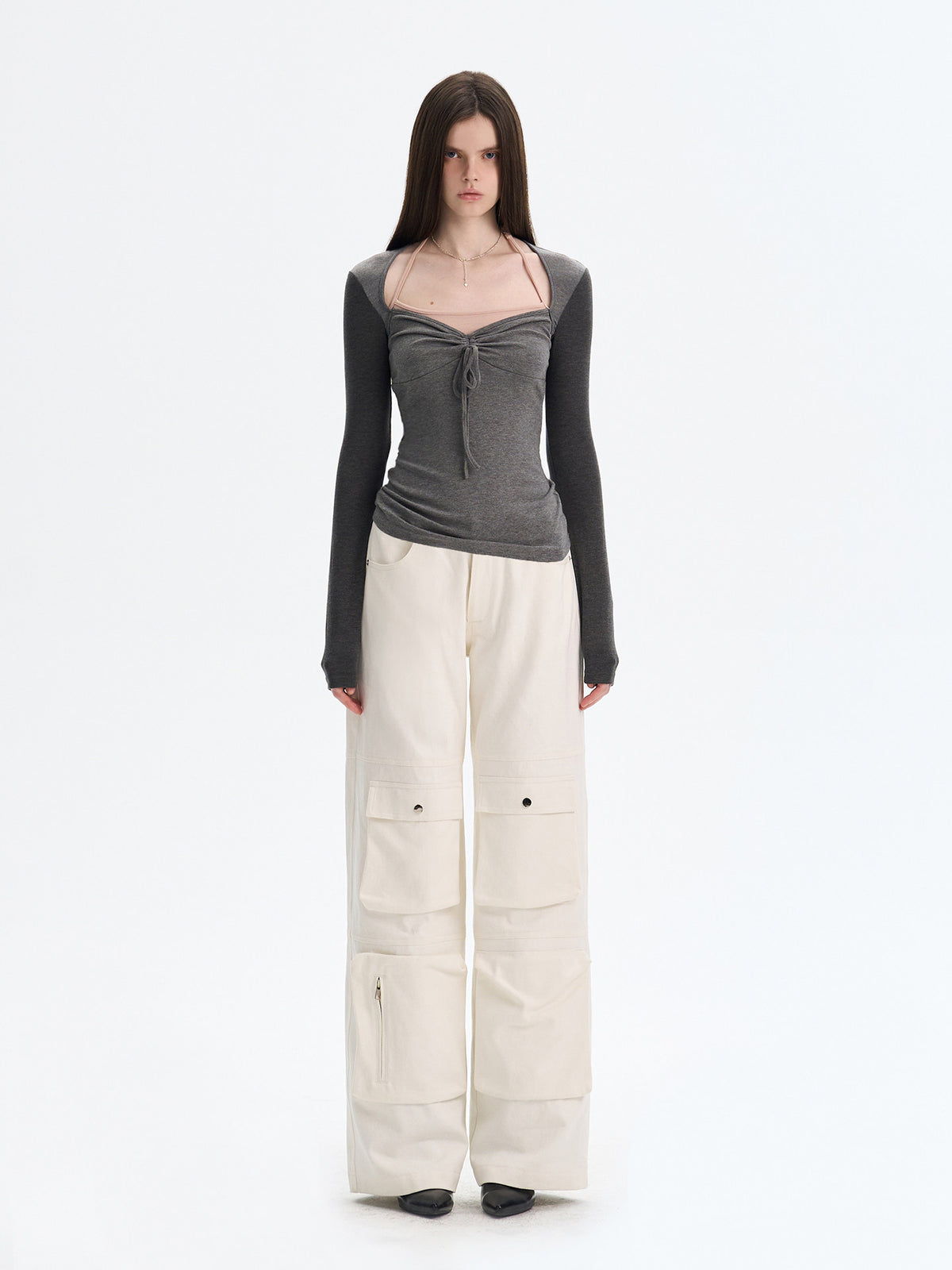 Ruched Tie-Front Long-Sleeve Top