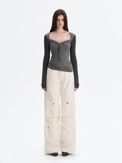 Ruched Tie-Front Long-Sleeve Top