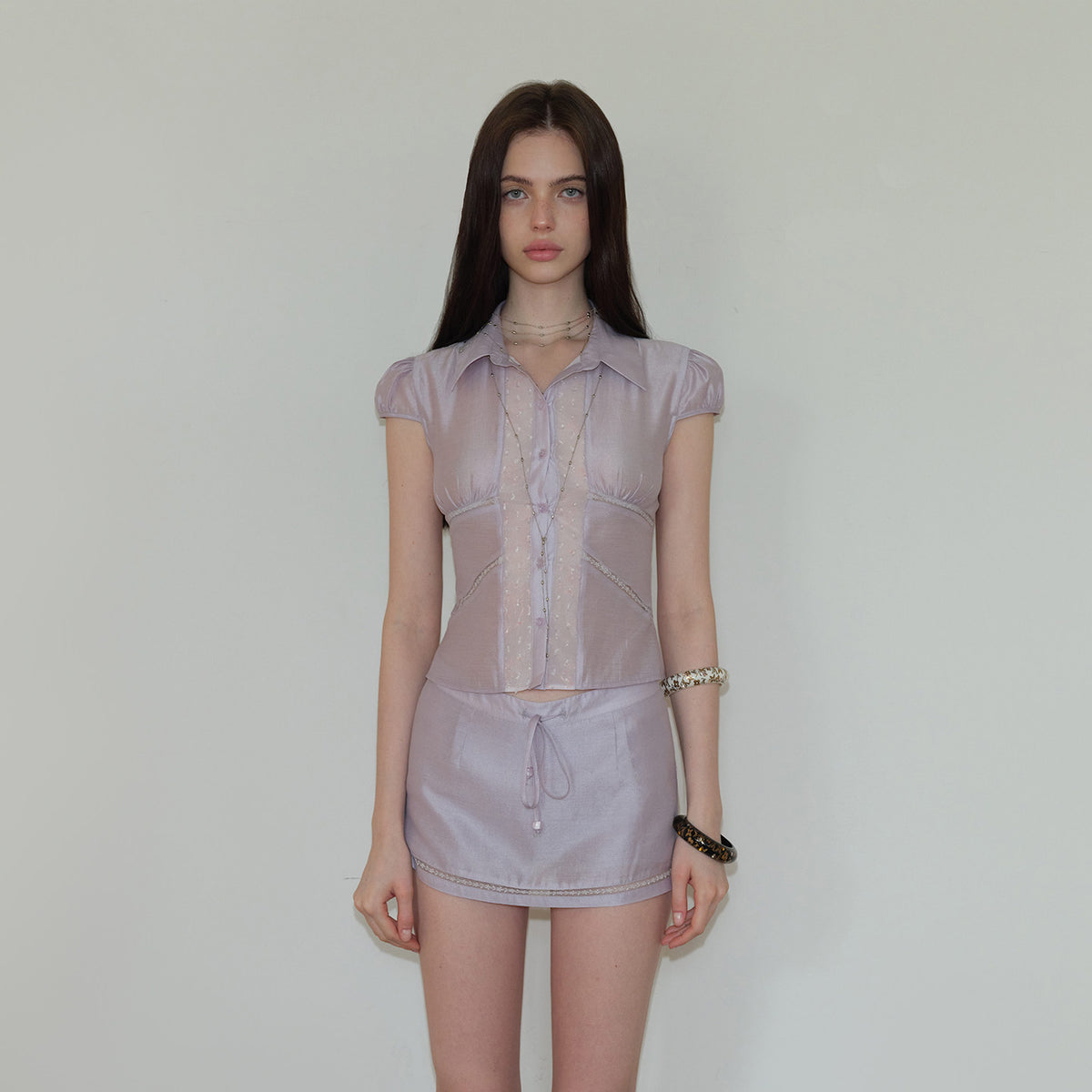 Sheer Collared Top and Mini Skirt Set