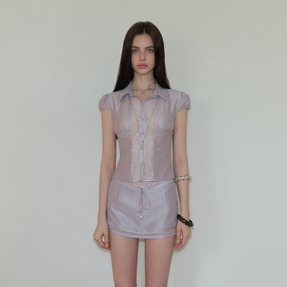 Sheer Collared Top and Mini Skirt Set