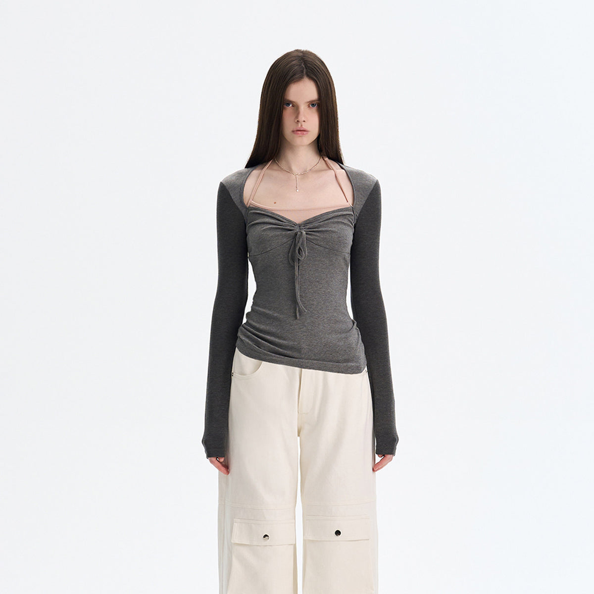 Ruched Tie-Front Long-Sleeve Top