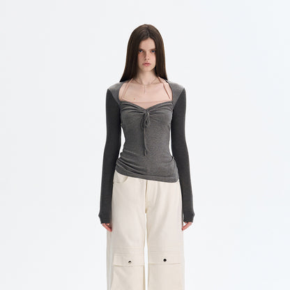 Ruched Tie-Front Long-Sleeve Top