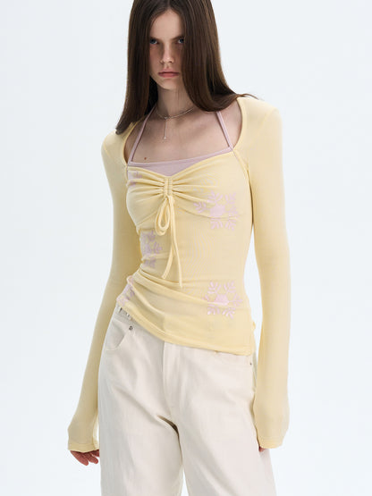 Ruched Tie-Front Long-Sleeve Top