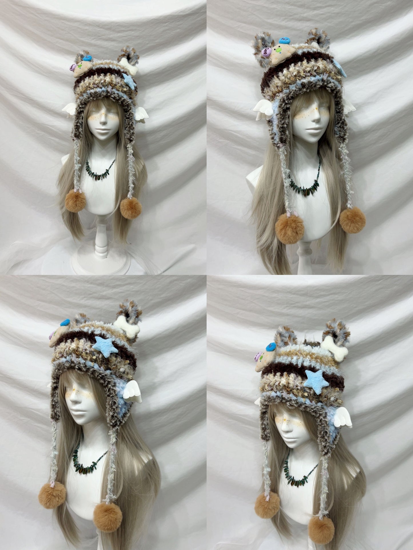 Plush Animal Ear Pom-Pom Crochet Hat
