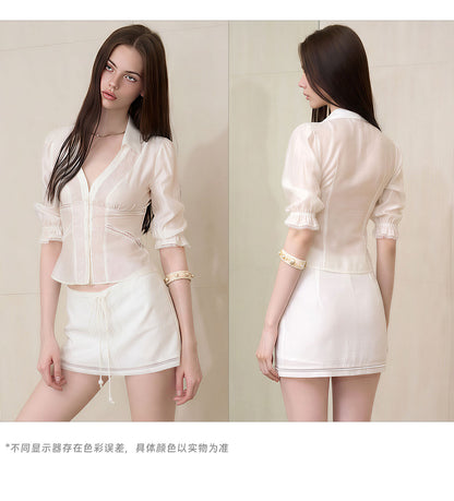 Sheer Puff-Sleeve Top and Mini Skirt Set