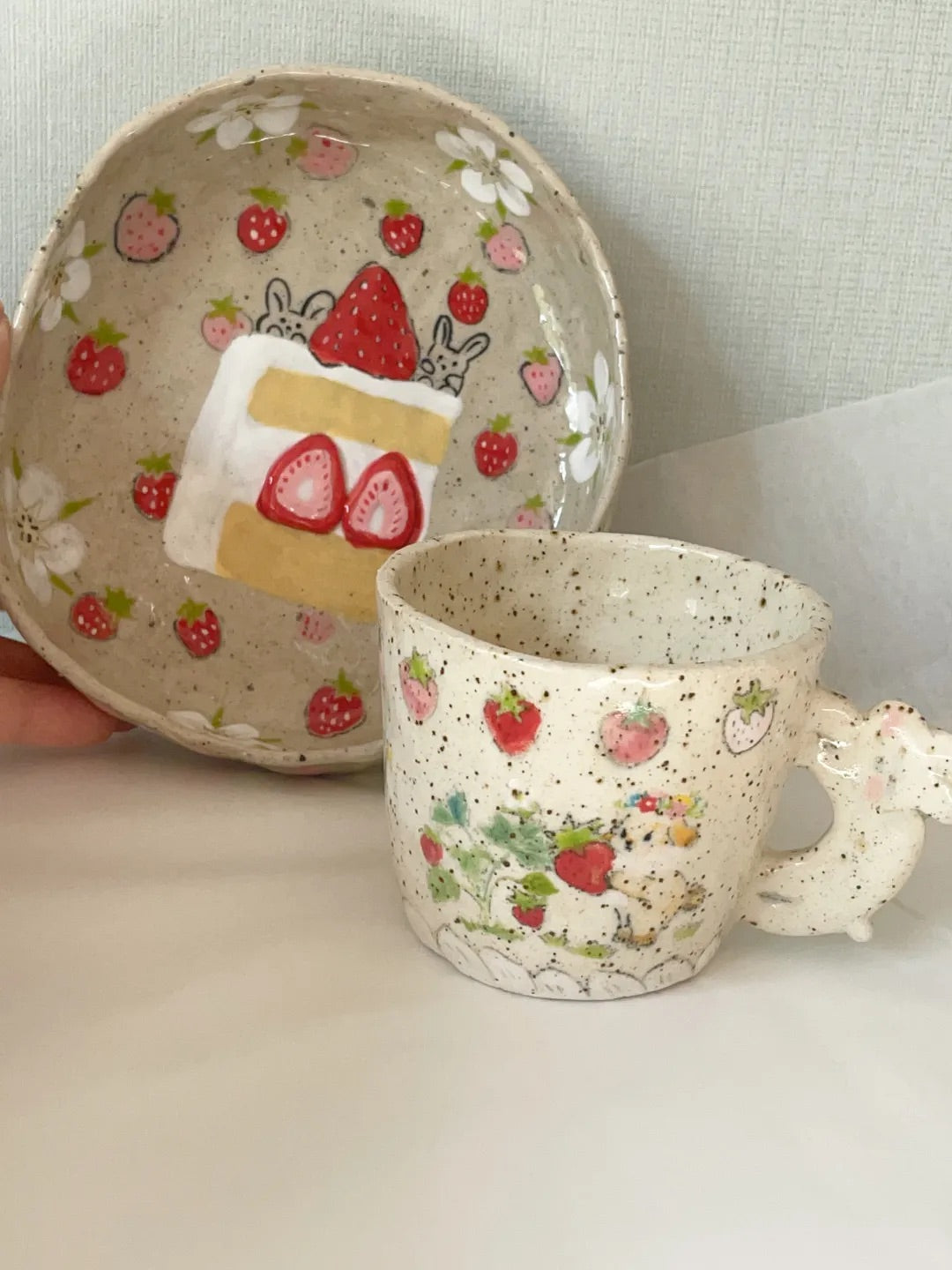 Strawberry Bunny Hand-Painted Ceramic Plate | Mug/Cup | Three Fleas