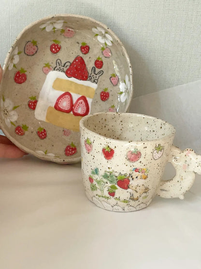 Strawberry Bunny Hand-Painted Ceramic Plate | Mug/Cup | Three Fleas