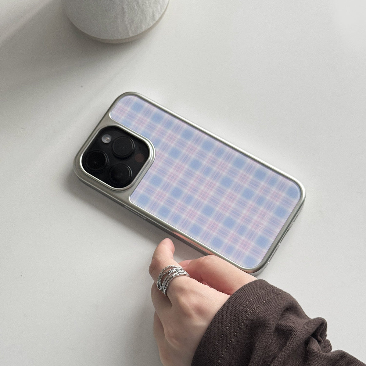 Pastel Blue & Pink Plaid Phone Case-FI010AC | Acrylic Phone Case | Three Fleas