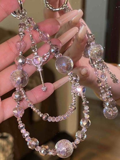 Angel Heart Pink Gray Sparkly Beaded Phone Charm
