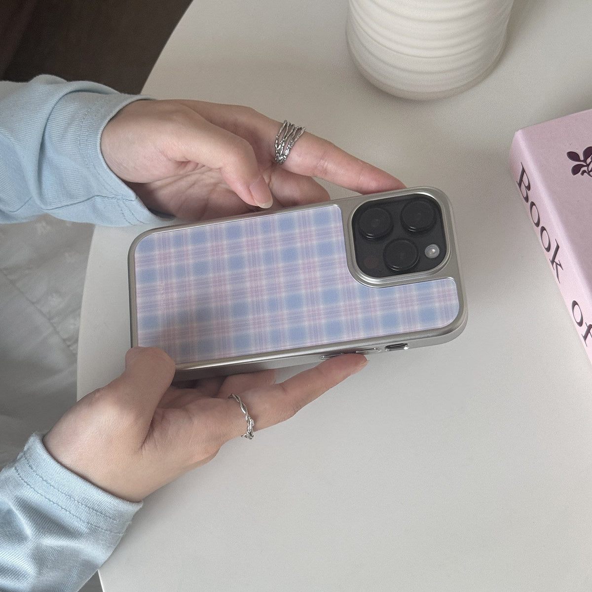 Pastel Blue & Pink Plaid Phone Case-FI010AC | Acrylic Phone Case | Three Fleas