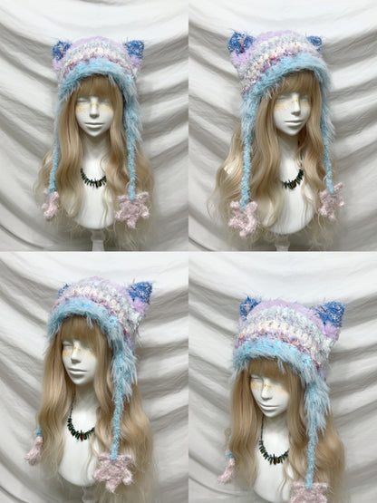 Plush Animal Ear Pom-Pom Crochet Hat
