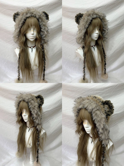 Plush Animal Ear Pom-Pom Crochet Hat