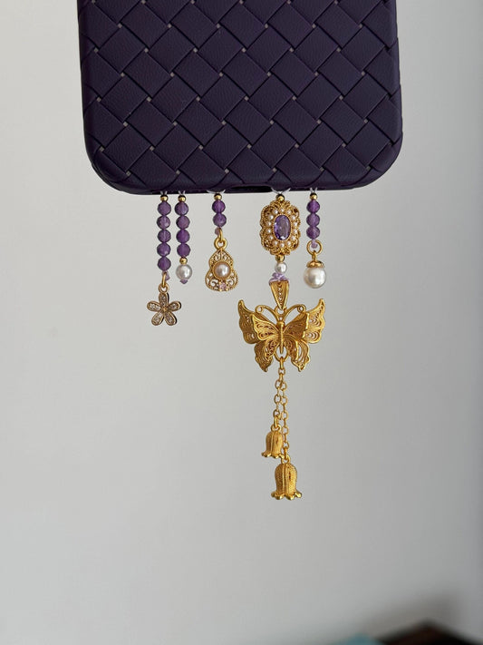 Gold Butterfly Purple Beaded Pendant With Phone Case