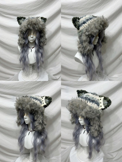 Plush Animal Ear Pom-Pom Crochet Hat