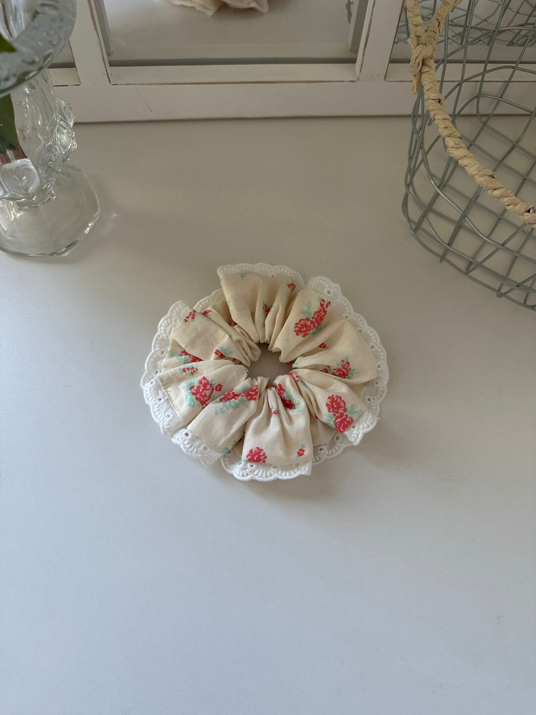 Vintage Rose Print Lace Scrunchie | other accessories | Three Fleas