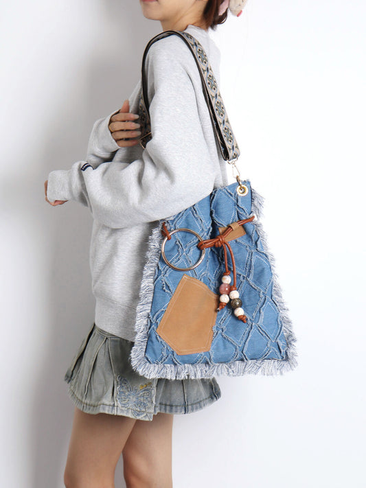Tassel Denim Shoulder Bag | bag | Three Fleas