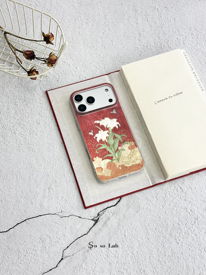 Artistic Metallic Luster Vintage Oriental Lily & Butterfly Phone Case Chinoiserie IMD-SSL