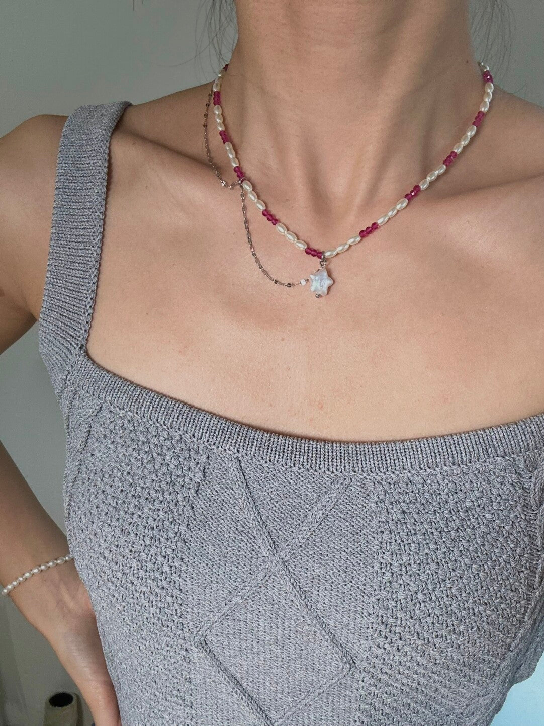 Ruby Stars Baroque Pearl Beaded Necklace