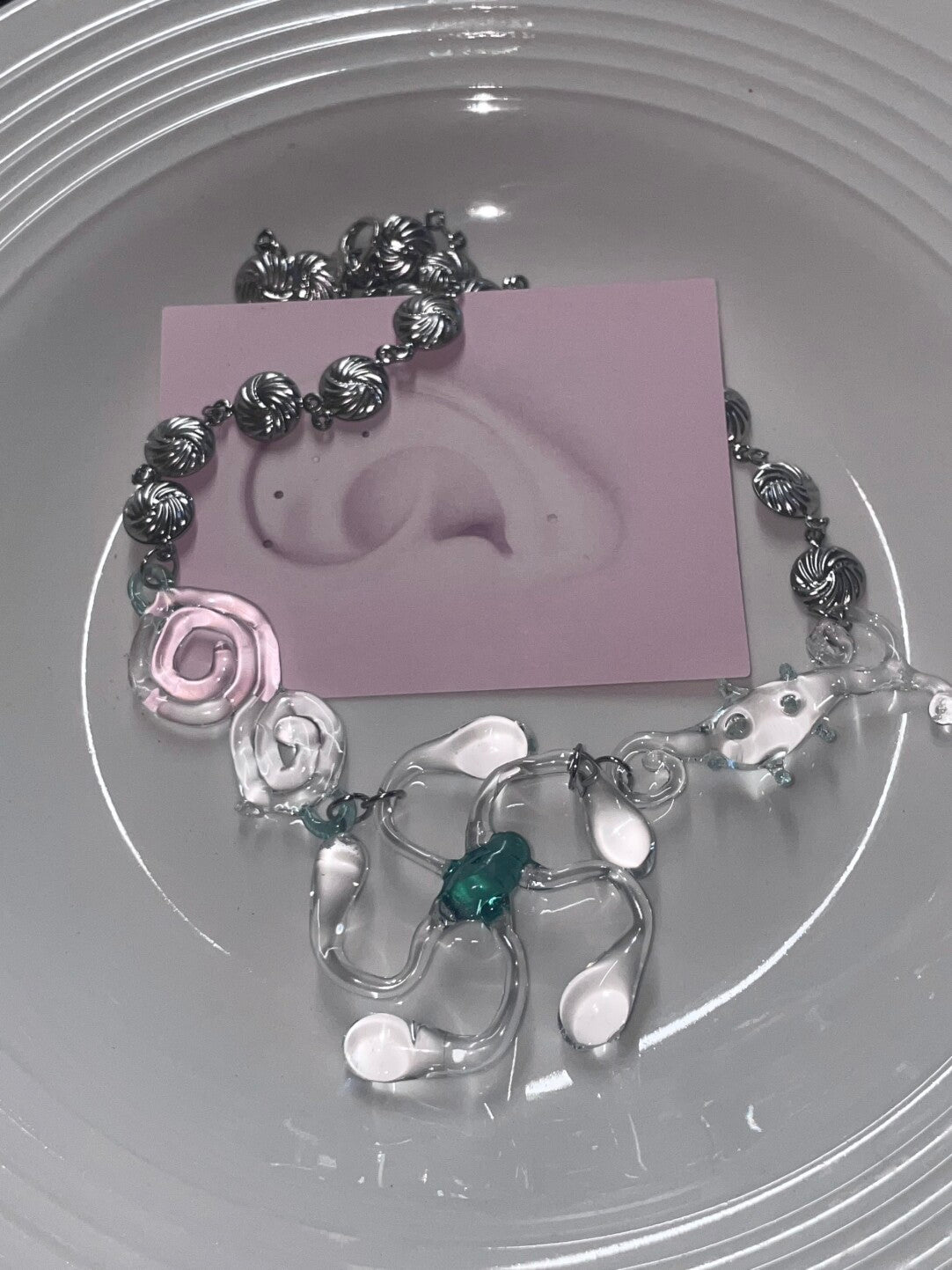 Artistic Spiral Glass & Titanium Steel Bead Necklace | necklace | Three Fleas