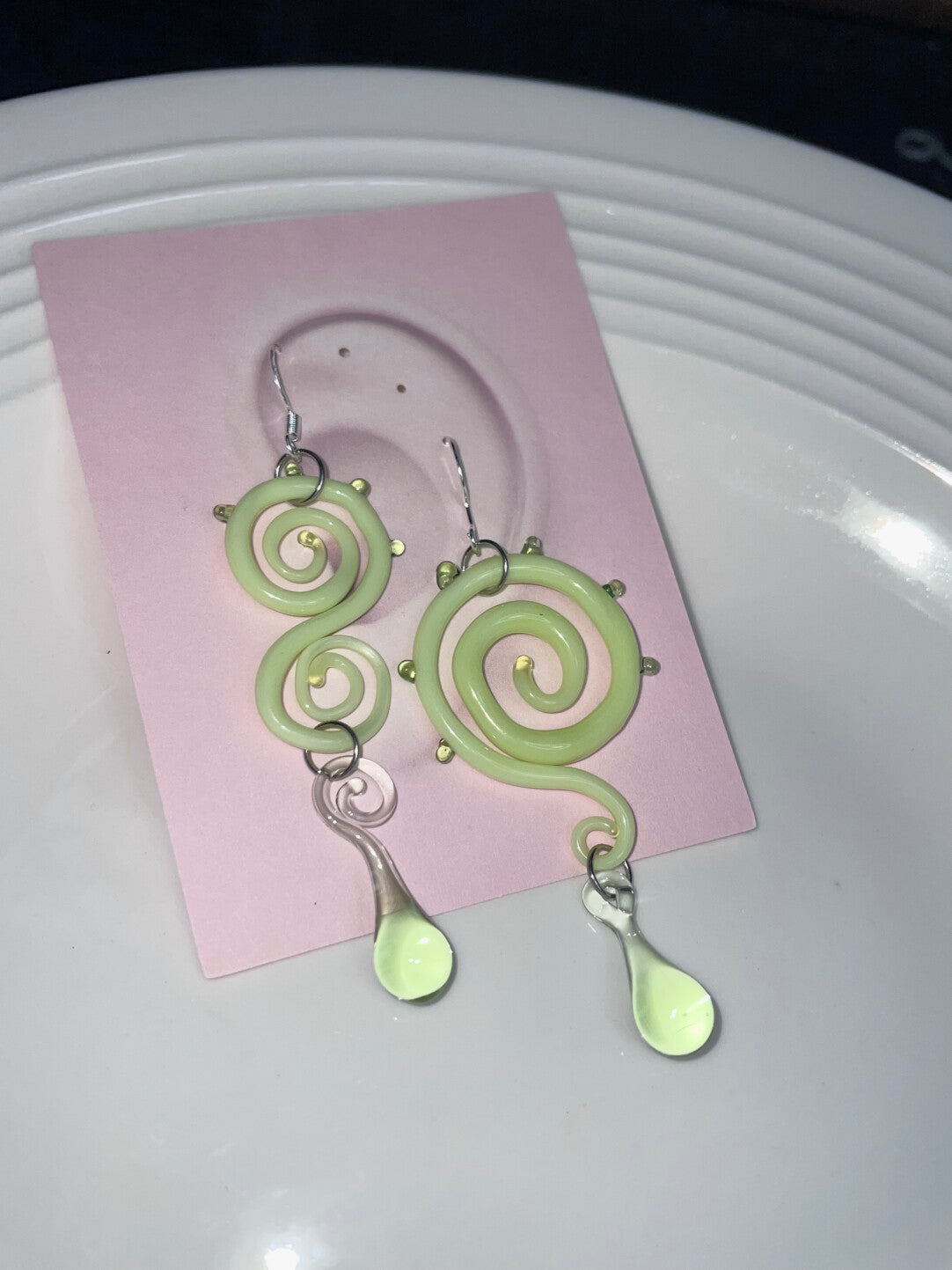 Asymmetrical Lime Green Spiral Glass Earrings | earrings | Three Fleas