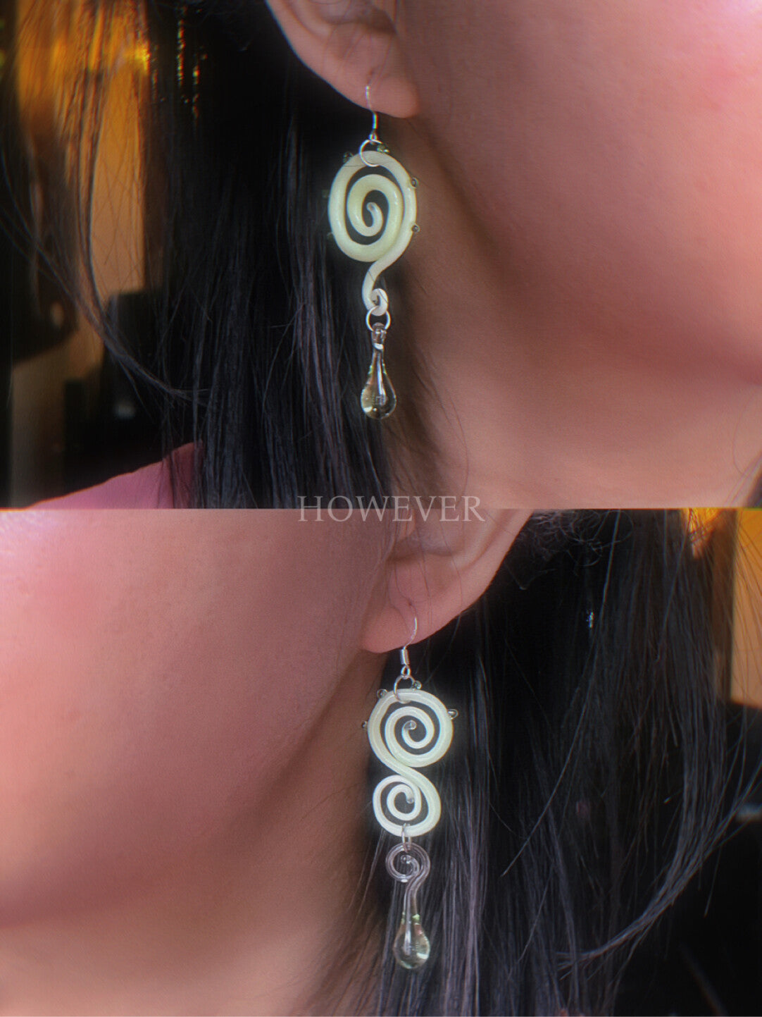 Asymmetrical Lime Green Spiral Glass Earrings | earrings | Three Fleas