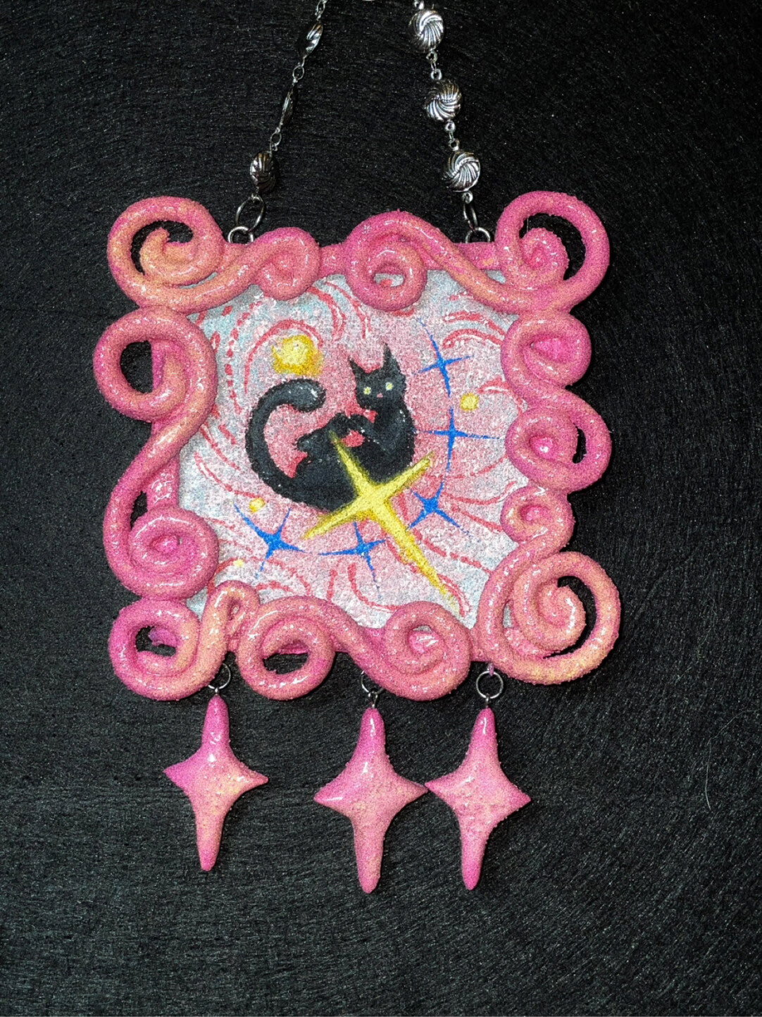 Whimsical Black Cat Starry Wall Hanging