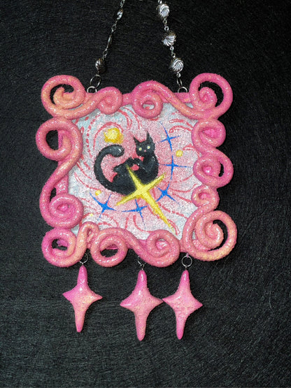 Whimsical Black Cat Starry Wall Hanging