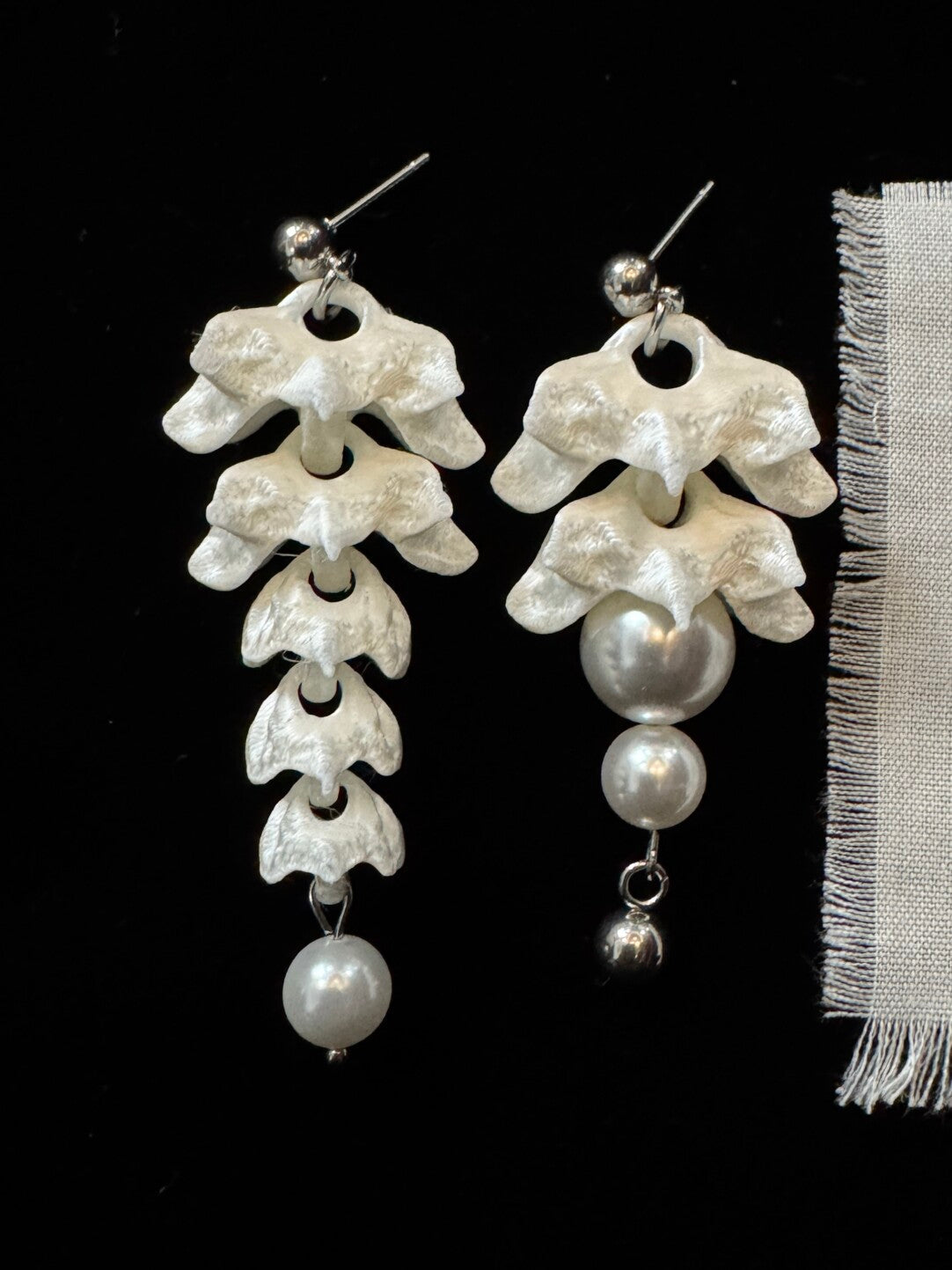 Bone flower Bead Earrings,A Medium and Short Pair with Pearl Pendants / Studs,Lumivault.