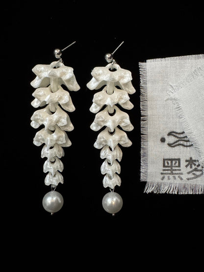 Bone flower Bead Earrings,A Log Pair with Pearl Pendants / Studs,Lumivault.