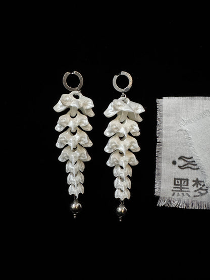 Bone flower Bead Earrings,A Long Pair with Steel Pendants / Studs,Lumivault.