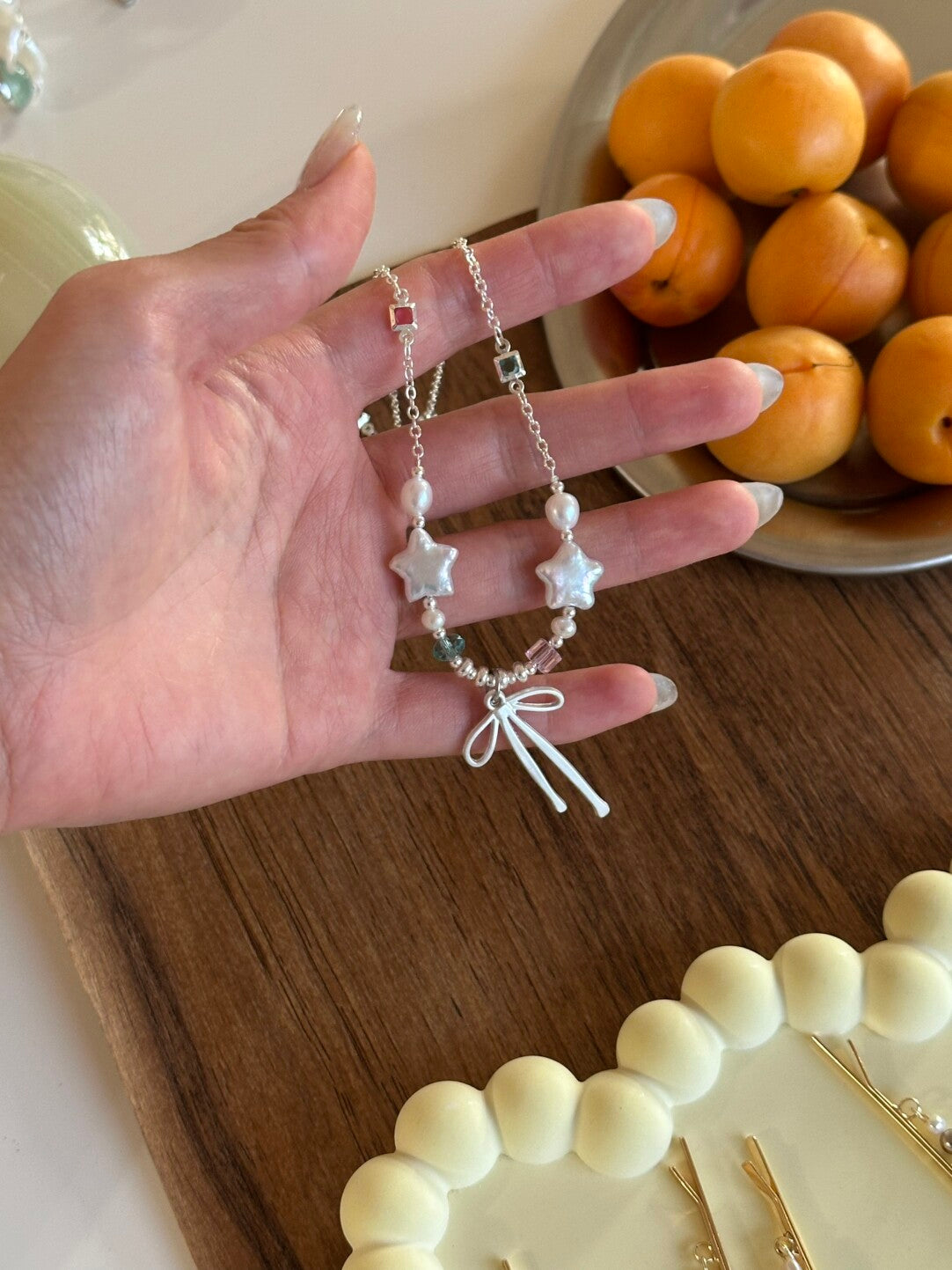 Galaxy Moonlight Baroque Pearl Star Bow Necklace