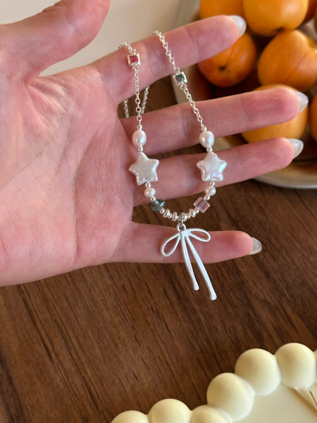 Galaxy Moonlight Baroque Pearl Star Bow Necklace
