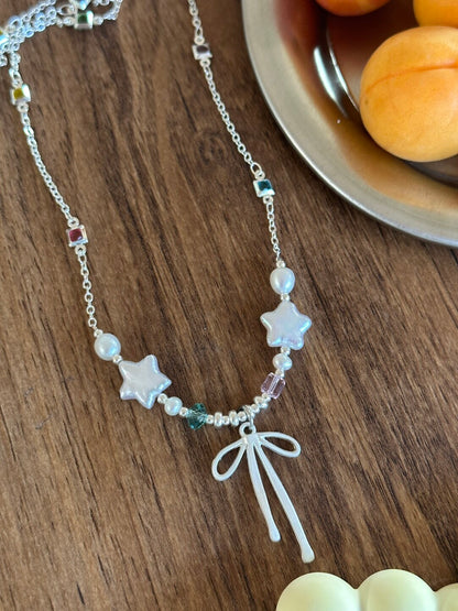 Galaxy Moonlight Baroque Pearl Star Bow Necklace