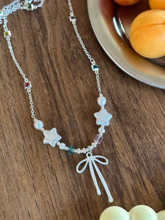 Galaxy Moonlight Baroque Pearl Star Bow Necklace