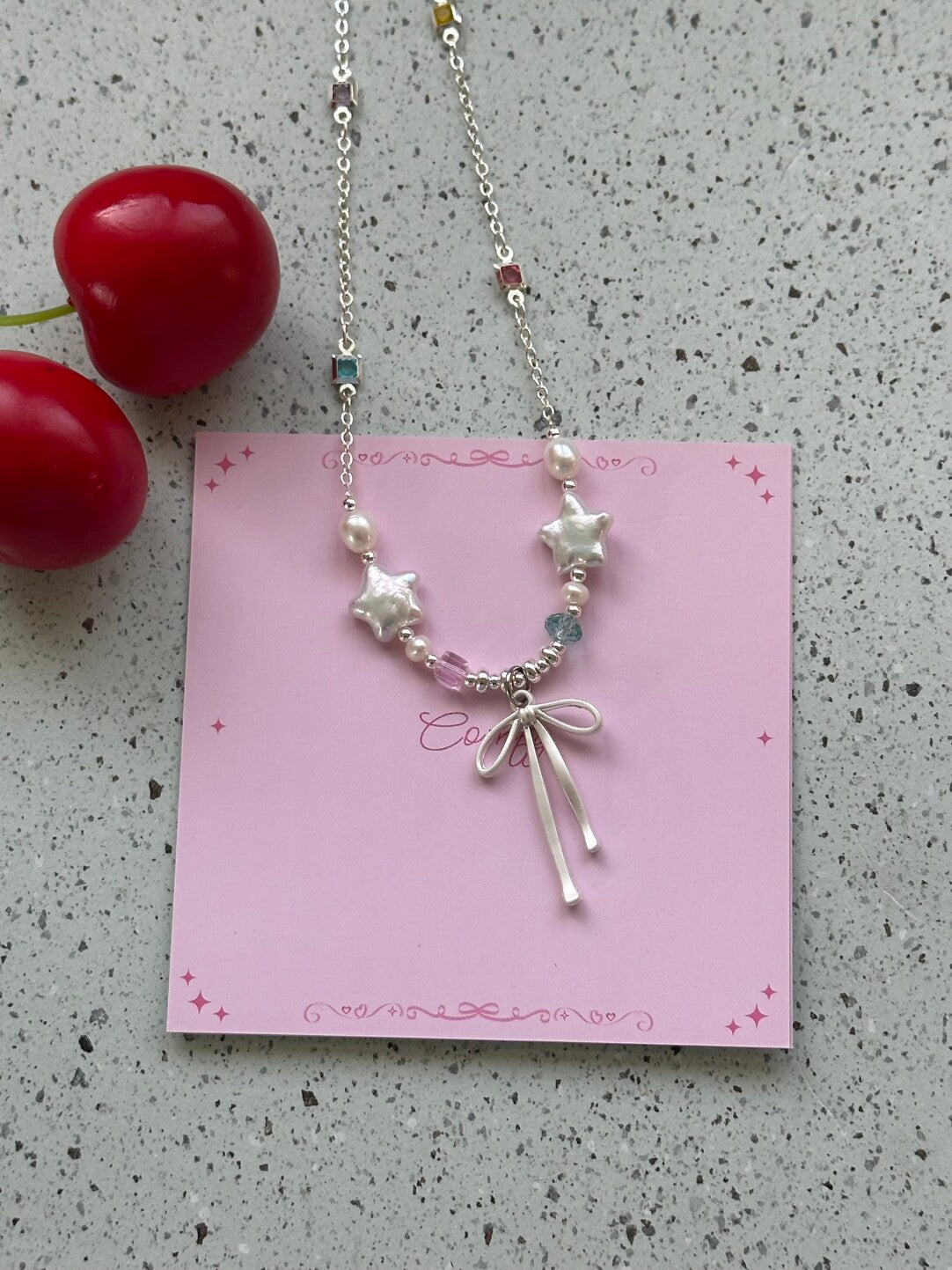 Galaxy Moonlight Baroque Pearl Star Bow Necklace