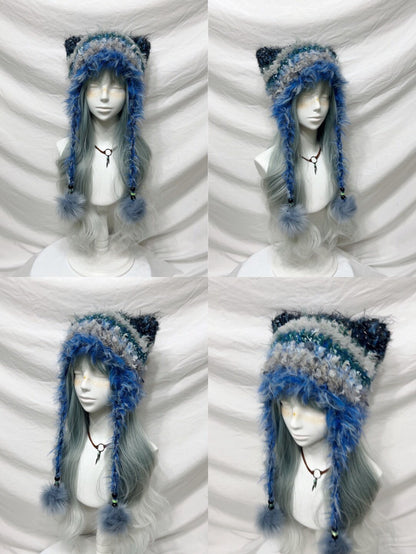 Plush Animal Ear Pom-Pom Crochet Hat