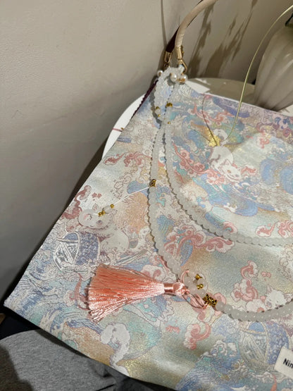 [Chinoiserie] White Cat Beaded Tassel Silk Bag
