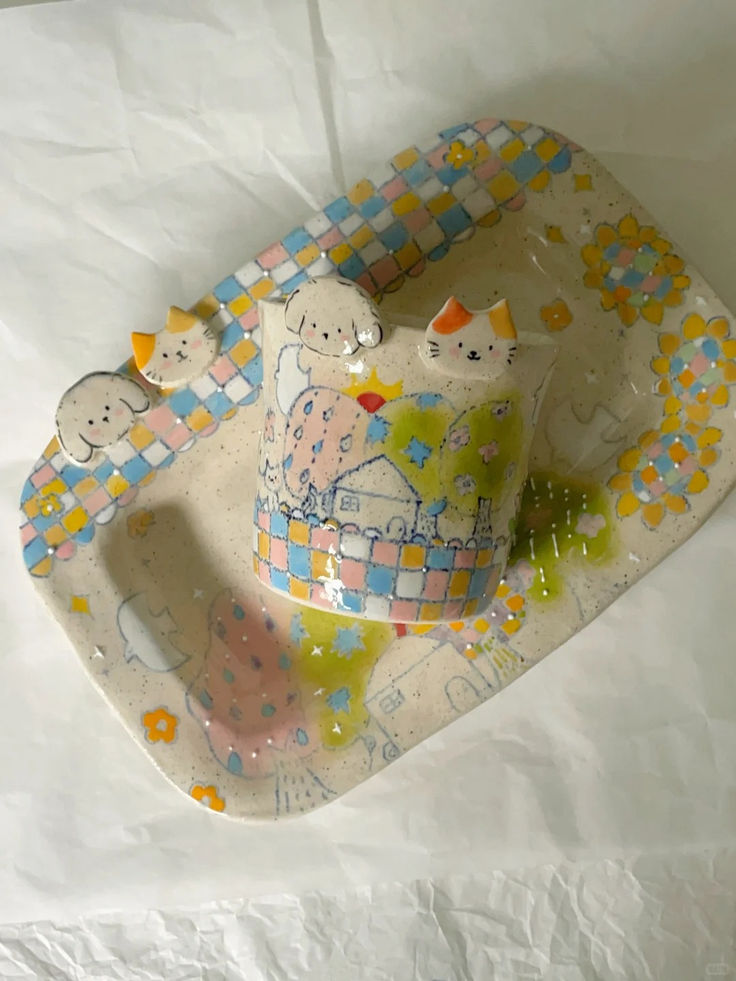 Puppy & Kitten Home Hand-Painted Ceramic Plate