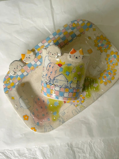 Puppy & Kitten Home Hand-Painted Ceramic Plate
