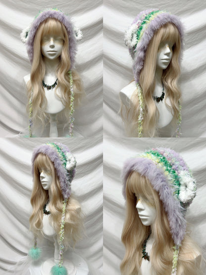 Fluffy Animal Ear Pom-Pom Crochet Hat
