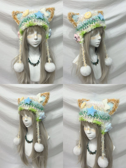 Fluffy Animal Ear Pom-Pom Crochet Hat