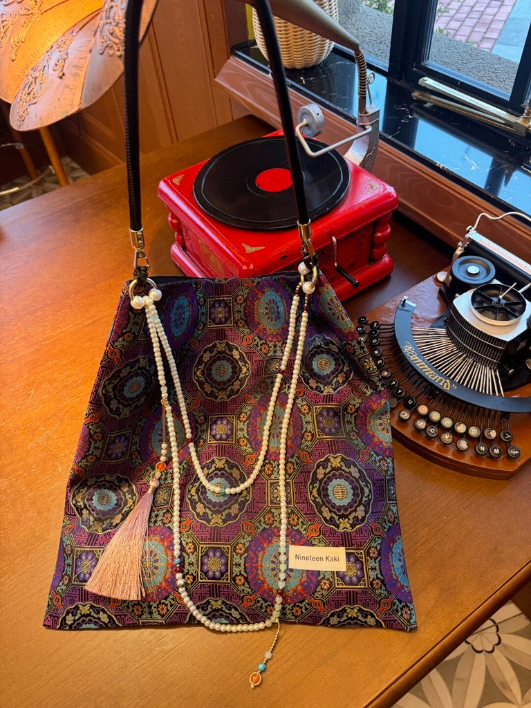[Chinoiserie]Good Fortune Purple Beaded Tassel Silk Bag