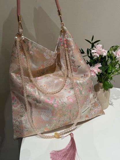 [Chinoiserie] Pink Cute Cat Beaded Tassel Silk Bag