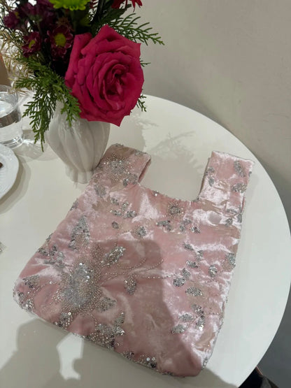 Pink Beaded Velvet Triangle Clutch