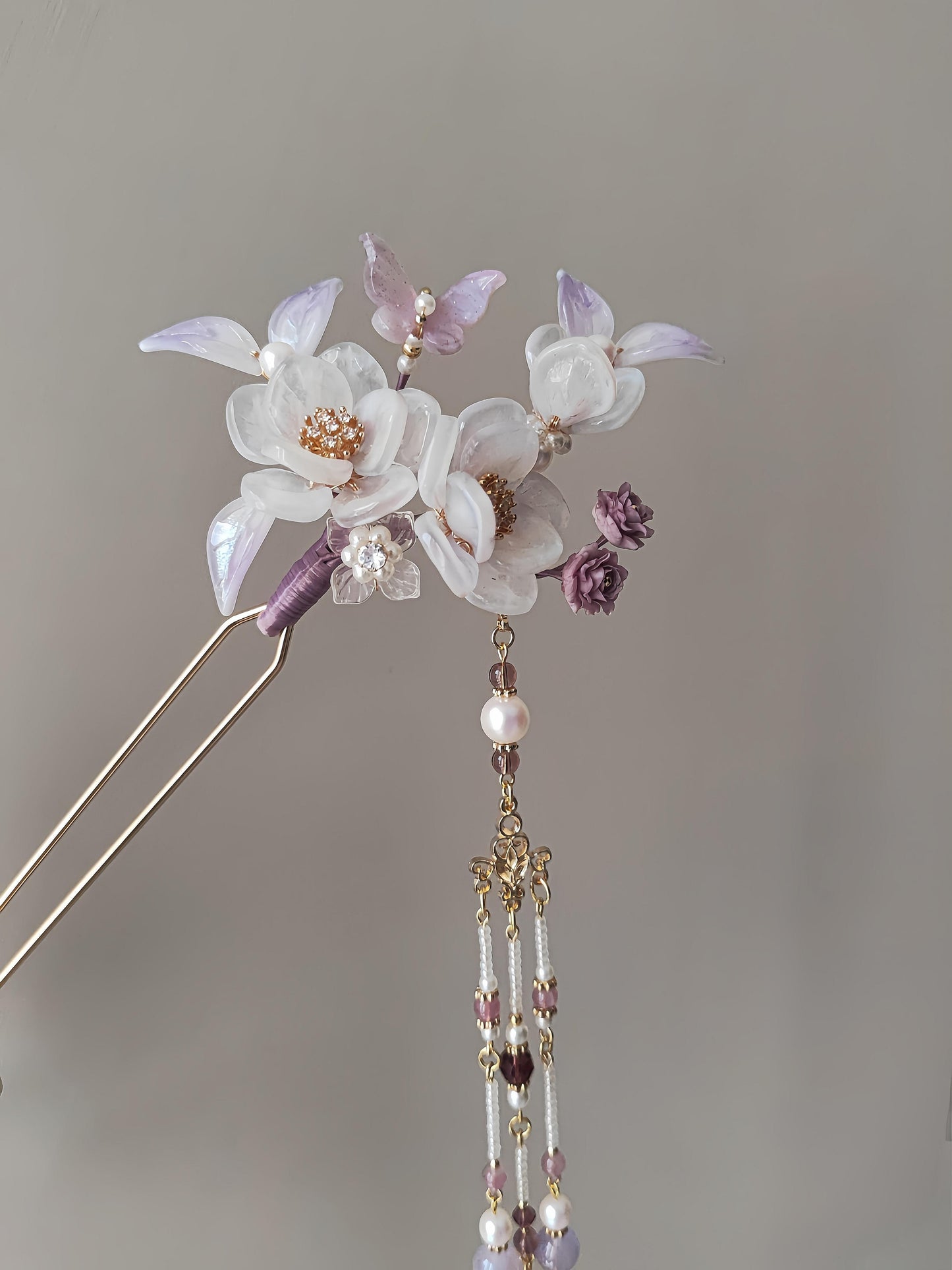 Chinoiserie Purple Floral Beaded Tassel Hairpin | Hairpin | Three Fleas
