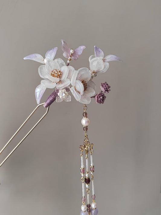 Chinoiserie Purple Floral Beaded Tassel Hairpin | Hairpin | Three Fleas