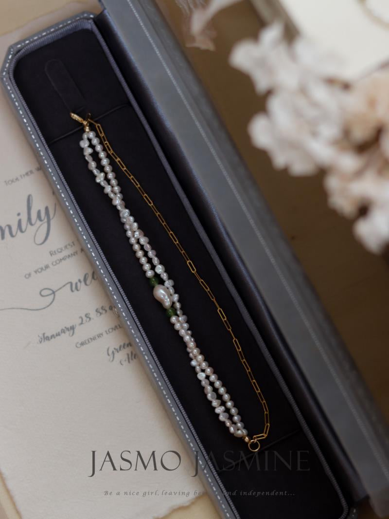 3.5-4.0mm Double Strand White Freshwater Pearl Jade Bracelet
