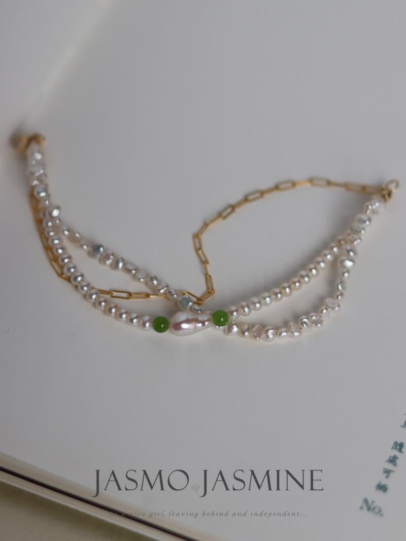 3.5-4.0mm Double Strand White Freshwater Pearl Jade Bracelet