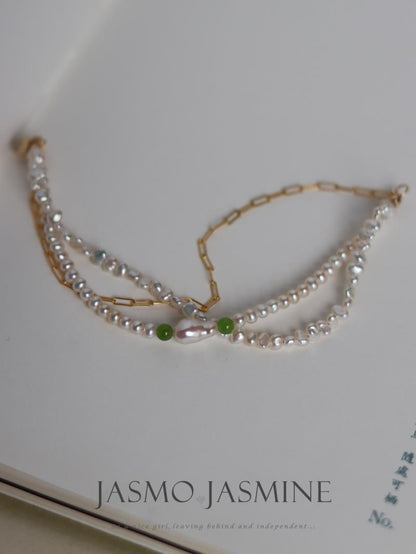 3.5-4.0mm Double Strand White Freshwater Pearl Jade Bracelet